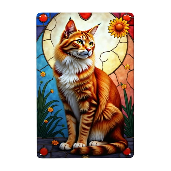 Vintage Ginger Cat Metal Tin Sign Stained Glass Style Cat Wall Art Retro Cat Decor Home Decor Metal Sign 8x12 Inch Feline Art Metal Sign Kitty Wall Decor