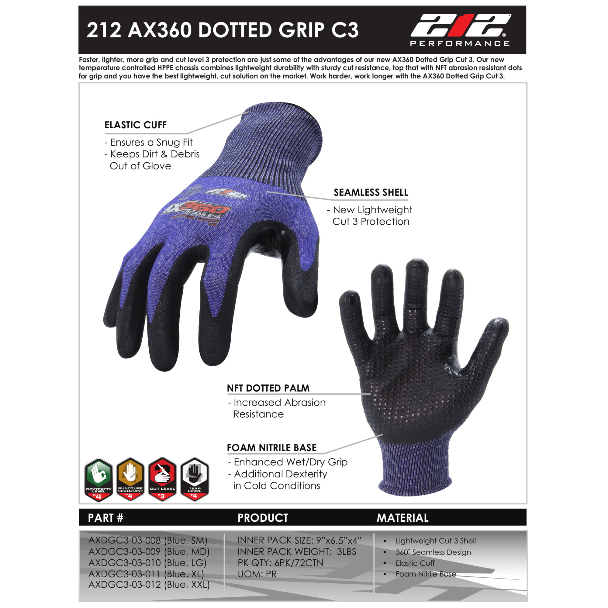 Small 212 Performance Gloves AXCRG-05-008PR AX360 Latex-dipped Crinkle Grip Gloves 