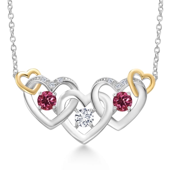 Gem Stone King 925 Silver and 10K Yellow Gold White Lab Grown Diamond and Pink Tourmaline Heart Shape Pendant Necklace for Women (0.83 Cttw, with 18 inch Chain)