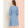 thumbnail image 4 of Vestido Camisero Con Cinturón Cuello Pico Botones Abajo Manga 3/4 Para Mujer Azul S, 4 of 7