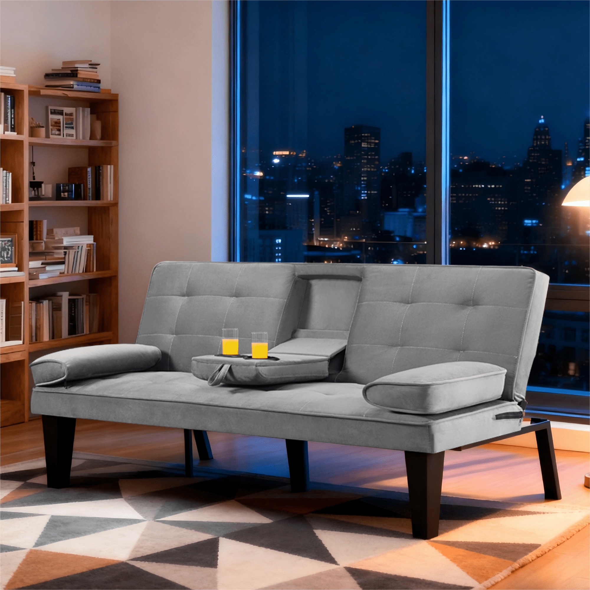 Gewnee 65''Futon Sofa Bed,3-Position Adjustable Folding Multi-Functional Sleeper Sofa with Cup Holder,Suitable for Living Room,Office and Guest Room.(Light Grey)