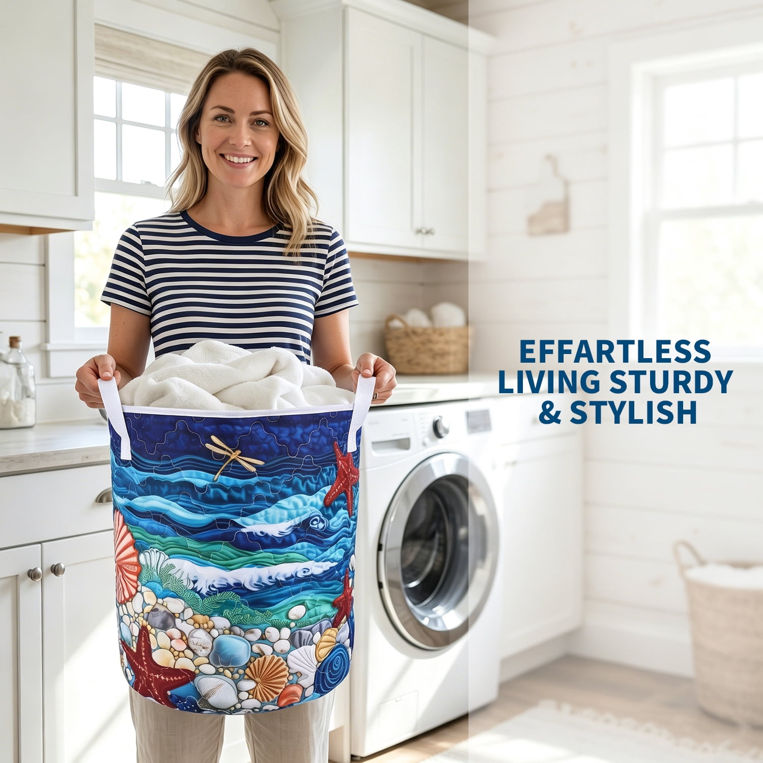 Yucurem Boho Fabric Floral Storage Hamper with Handle, Quilted Laundry Basket for Nursery Bedroom Laundry Room Clothes Toys (Starfish)
