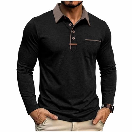 Daiosportswear Men s Casual Polo Shirts Classic Long Sleeve Basic Button T-Shirt Lightweight Cotton Golf Tops with Pocket Black XXL