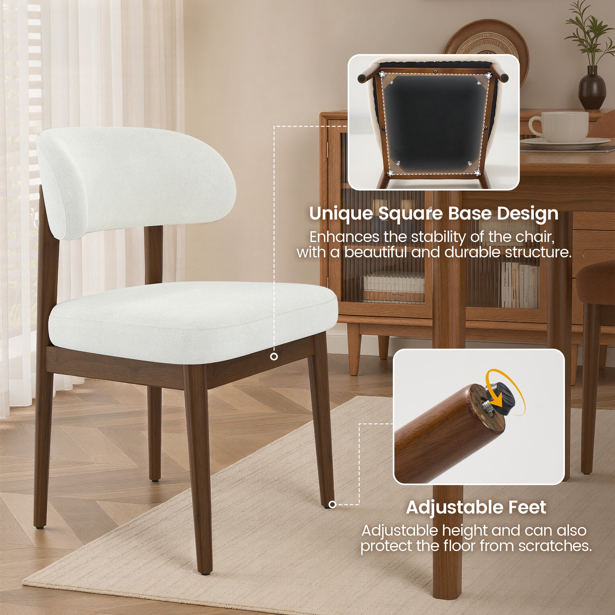 MOONMISS Dining Chair Set of 2,Upholstered Wooden Dining Chairs with Curved Back,Chenille Kitchen Side Chairs,White