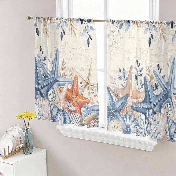 Blue Coastal Sheer Curtains 45 Inch Length 2 Panels Set Window Treatments, Summer Beach Starfish Weeping Eucalyptus Retro Rod Pocket Semi Curtains for Living Room/Bedroom/Kitchen Décor, 104"W x 45"L