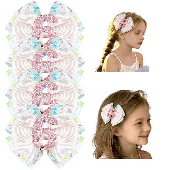 JoyBowie 4pcs 4 inch Glitter Number 6 Hair Bow Clips, Birthday Themed Fabric Hair Accessories, Sparkly Party Hairstyle Clips for Girls 3-8 Years Old
