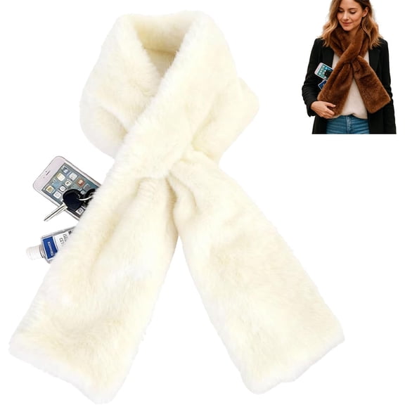 Faux Fur Scarf with Hidden Zipper Pocket for Women, Winter Neck Wrap with Secret Storage, Soft Cozy Scarf for Travel Outdoors
