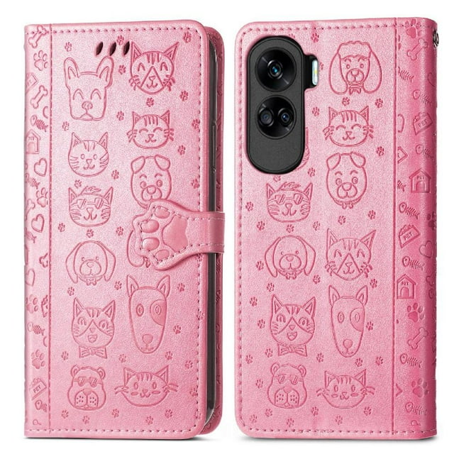 Funda Cartera FOXDOCK para Honor 90 Lite , Flip PU con Relieve de Gatos y Perros, Tarjetero y Soporte
