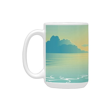 

Turquoise Evening Seashore at Sunset Waves Clouds Plane Flying in Sky Aquatic Island Aqua Cocoa Whit Ceramic Mug (15 OZ) (Made In USA)