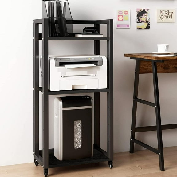 3-Tier Movable Printer Stand with Storage Rolling Floor-Standing Deskside Shredder Computer Host Stand Adjustable Storage Shelf Rack on Wheels for Office Supplies Fax Scanner File Book (Black)