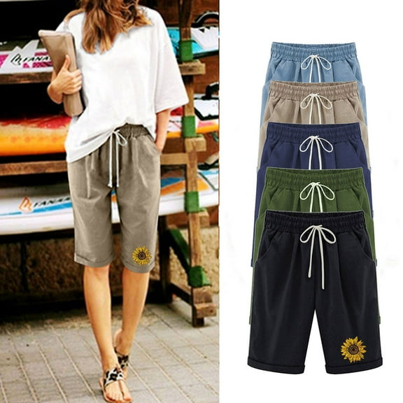sovlvnd Summer Savings Women's Summer Over Size Fashionable Printed Five Points Large Size Cotton Linen Pants Casual Versatile Pants Shorts