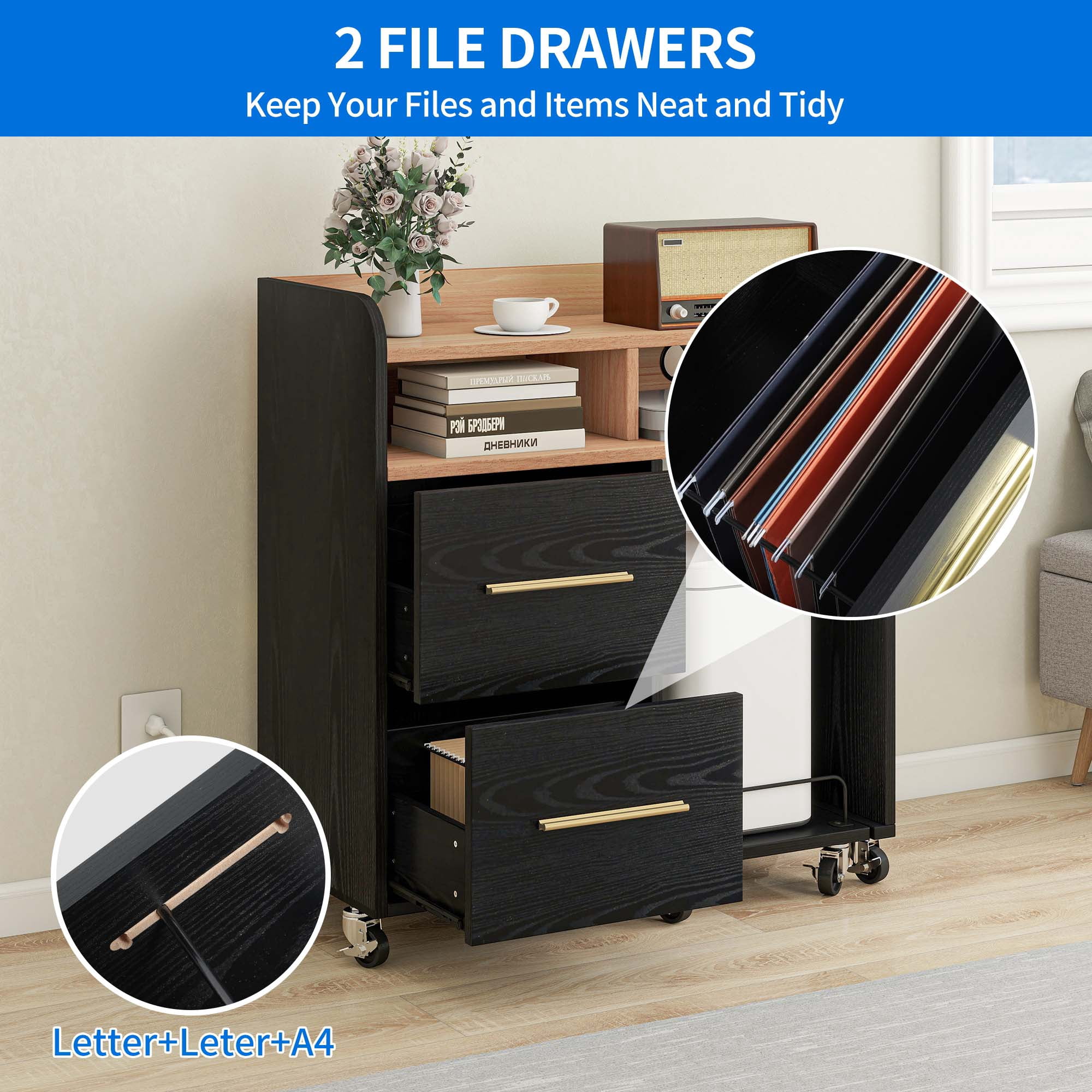 DEXTRUS Black File Cabinet with Charging Station, Shredder Stand, Printer Table, and 2-Drawer Storage