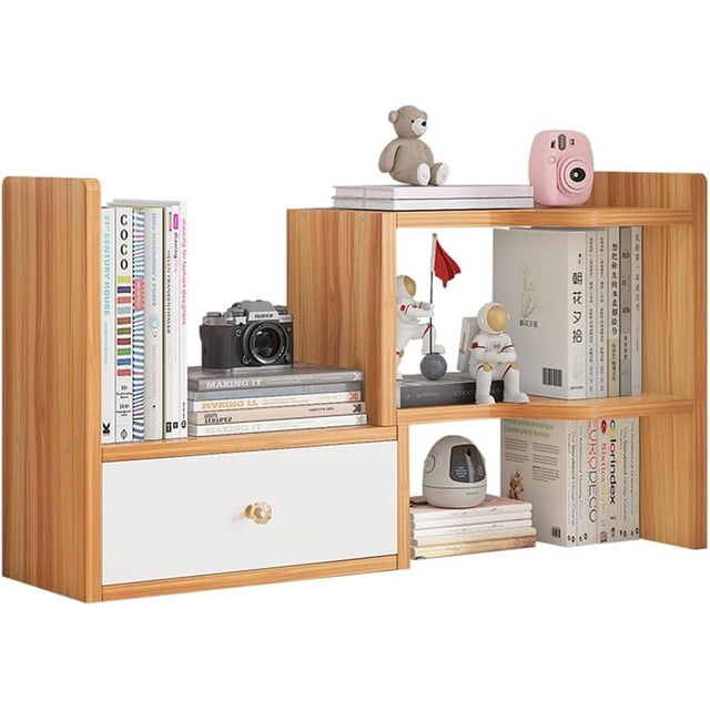 Expandable Desktop Bookshelf, Freestyle Adjustable Display Desk Shelf Counter Storage Rack Top Bookcase for Office & Home (Cherry Wood)