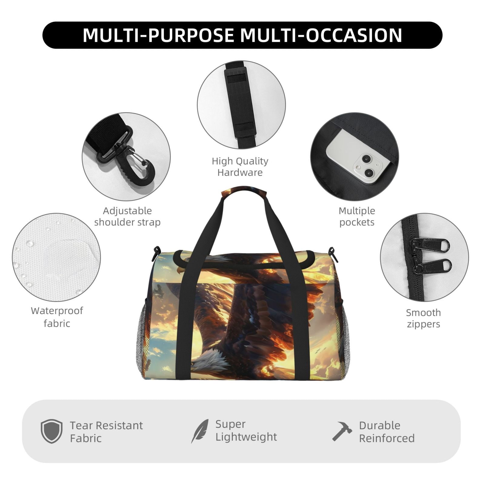 Fuzoiu Golden Sky Bald Eagle Print Travel Duffle Bag,Carry On Tote Bags,Duffel Bag,Sport Gym Bag, Hospital Bag for Labor and Delivery, Overnight Bag,Luggage Bag