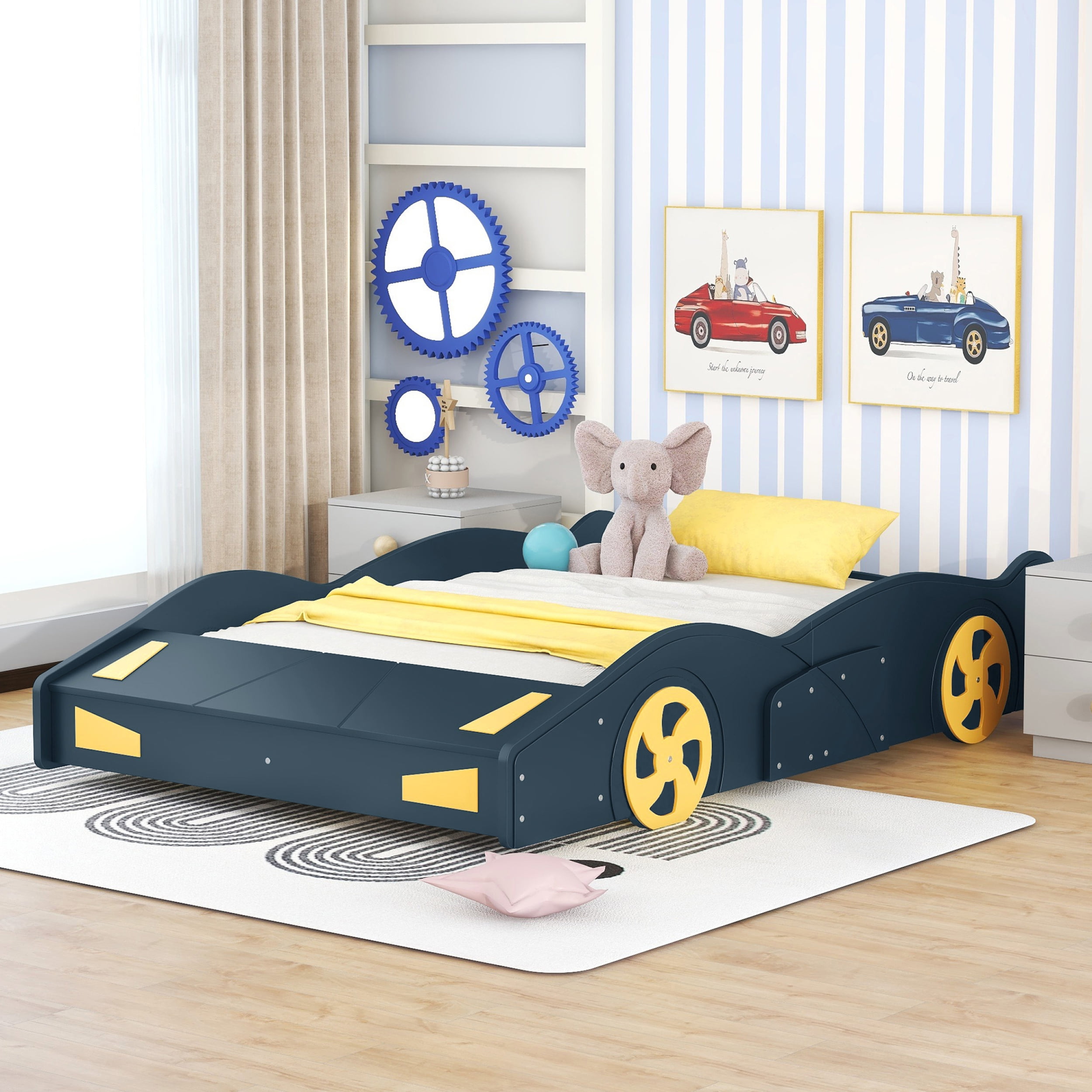 Full Size Race Car-Shaped Platform Bed with Wheels and Storage, Dark Blue&Yellow 60AAC