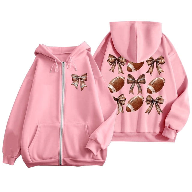 Women's Fashion Rugby Print Zippered Long Sleeve Hoodie with Pocket Drawstring Casual Athletic Sweatshirt
