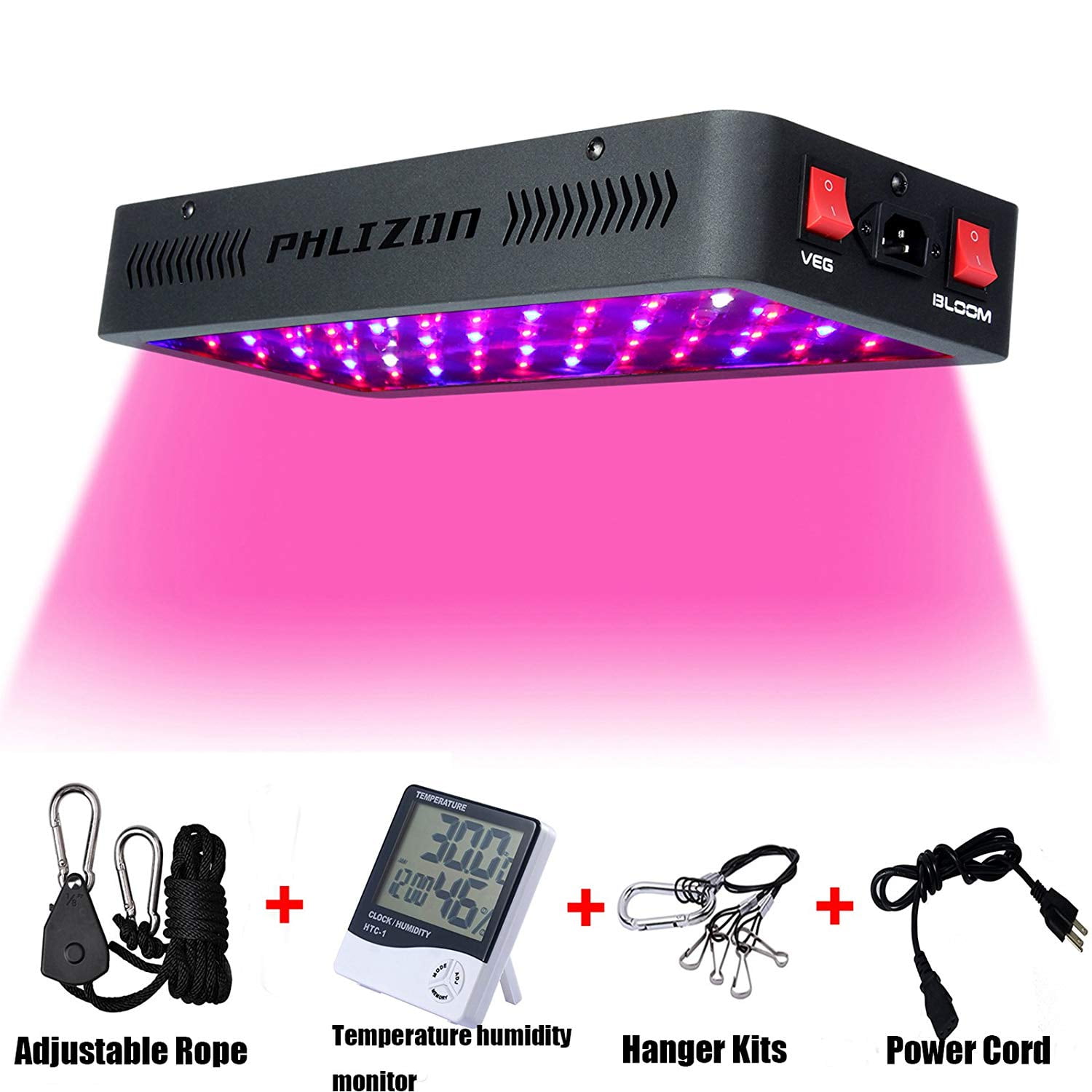Phlizon Newest 1200W High Power Series Plant LED Grow Light,with Thermometer Humidity Monitor,with Adjustable Rope,Double Chips Full Spectrum Grow Lamp for Indoor Plant 