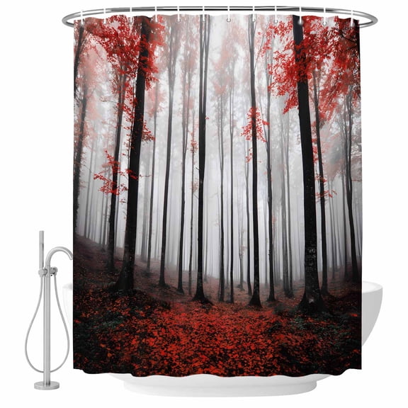 Red Forest Shower Curtain, Waterproof Shower Curtains for Bathroom, Vintage Foggy Woods Tree Mysterious Washable Fabric Bathtub Curtain Set Bath Decor with 12 Hooks Stall 36"x72"