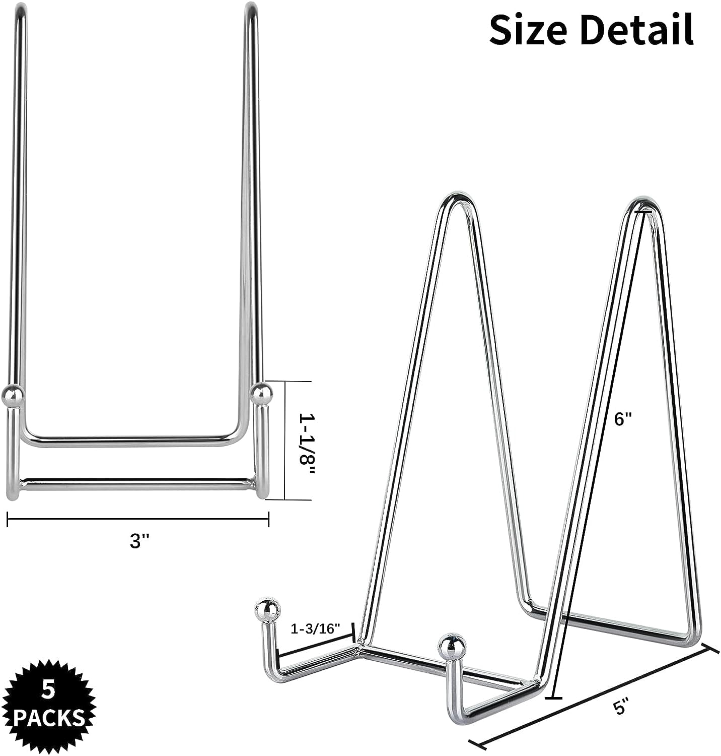 5 Pack 6 Inch Plate Holder Display Stands, Metal Silver Frame Stand for Picture, Book, Photo Easel, Creation, Collectibles