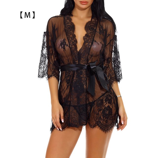 Mujeres Kimono Camisón Lencería de encaje Bata Sexy Malla Ropa de dormir, M, Negro Methold XX000064-10