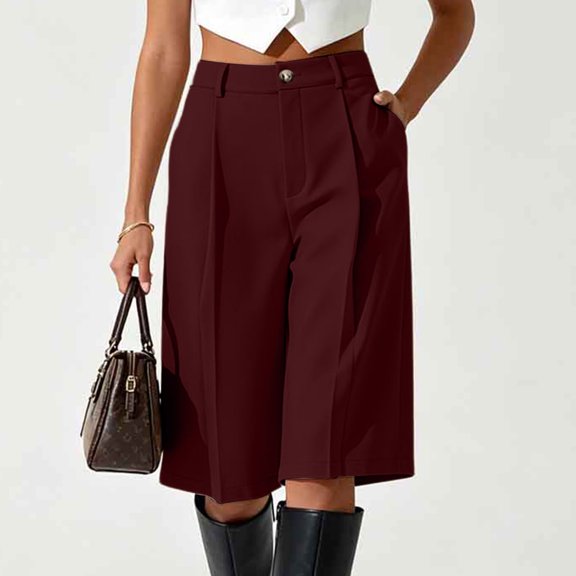 Josdec Women's High Waist Pleated Front Wide Leg Shorts Knee Length Short Suit with Pockets and Button Casual Business Office Work Wear