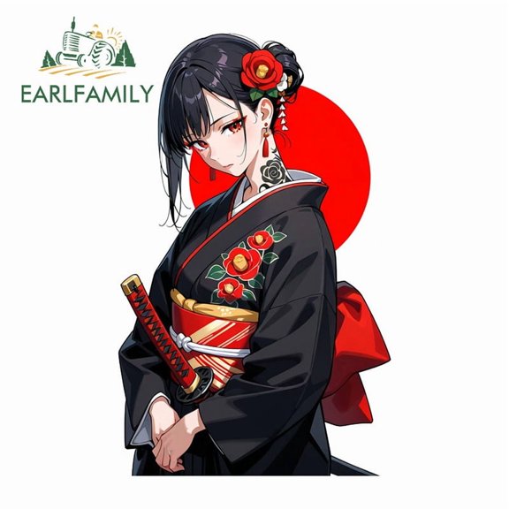 EARLFAMILY 5.1" Samurai Female with Red Sun Car Stickers Waterproof Occlusion Scratch Luggage Motorcycle Bumper Vinyl Decals Personality Street Signs