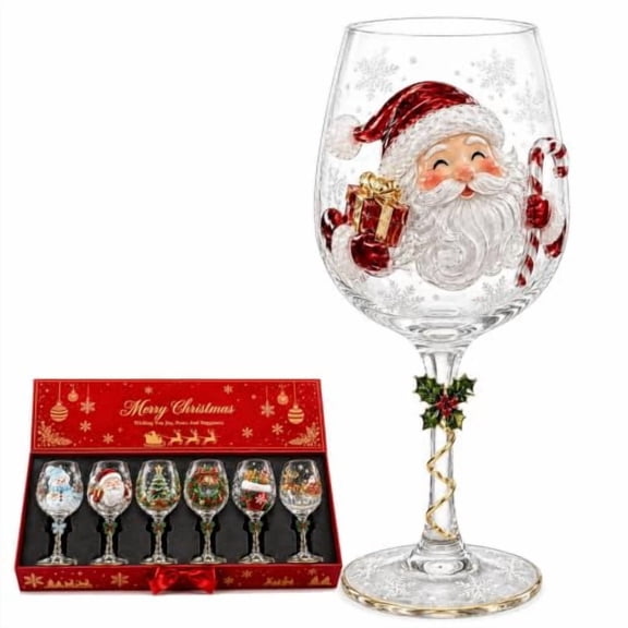 3D Christmas Collectible Stemmed Glass – 6 Festive Designs, Christmas 3D Wine Glass Collection Gift Box Set, Festive Glassware for Wine, Cocktails, Holiday Party & Table Decor