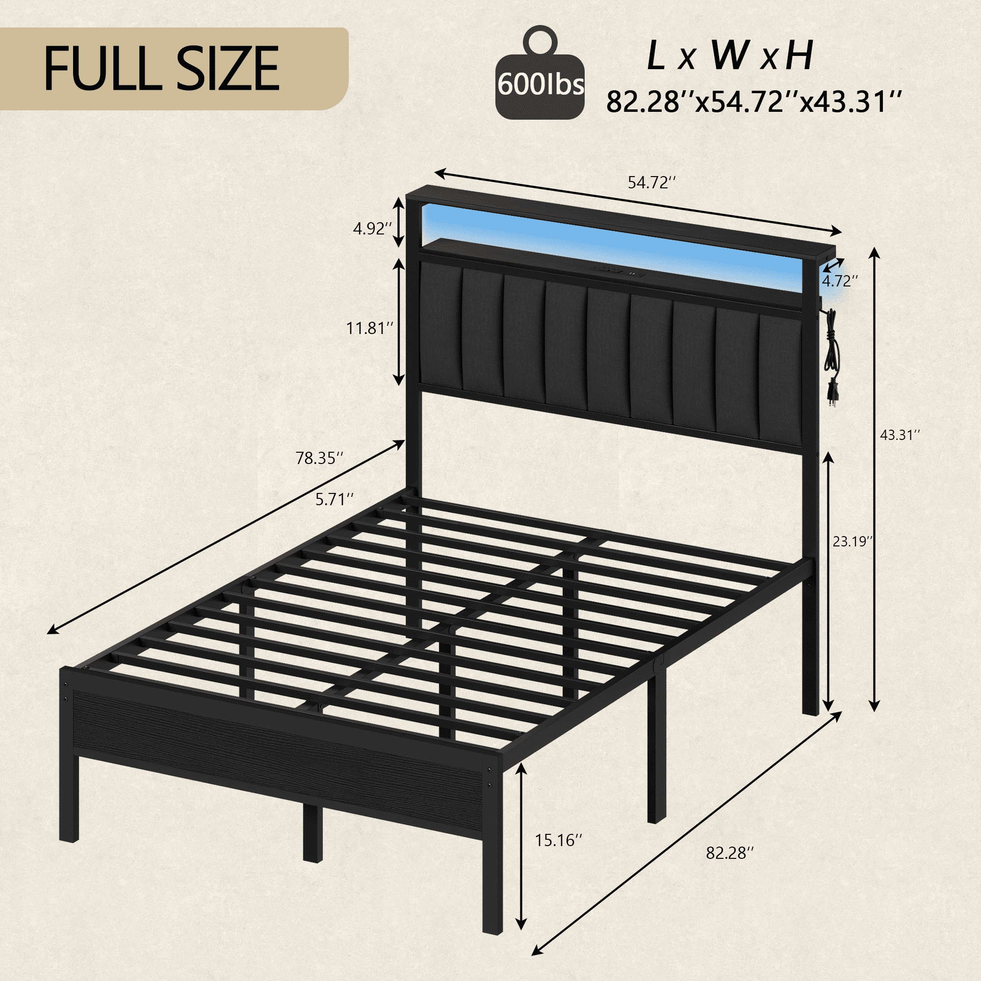 Tydimor Electric Full Size Platforrm Bed Frames with Charging Station, LED Standard Storage Space Bed for Bedroom, No Box Spring Needed