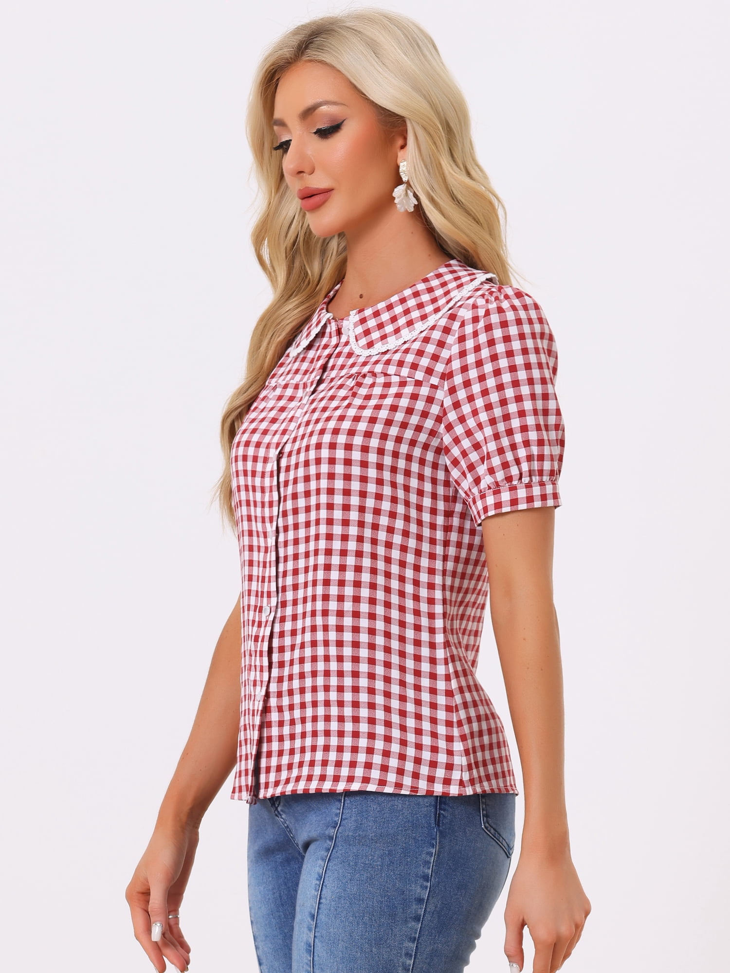 DARING DIVA Women's Short Sleeve Button Down Peter Pan Collar Plaid Shirt XS Red