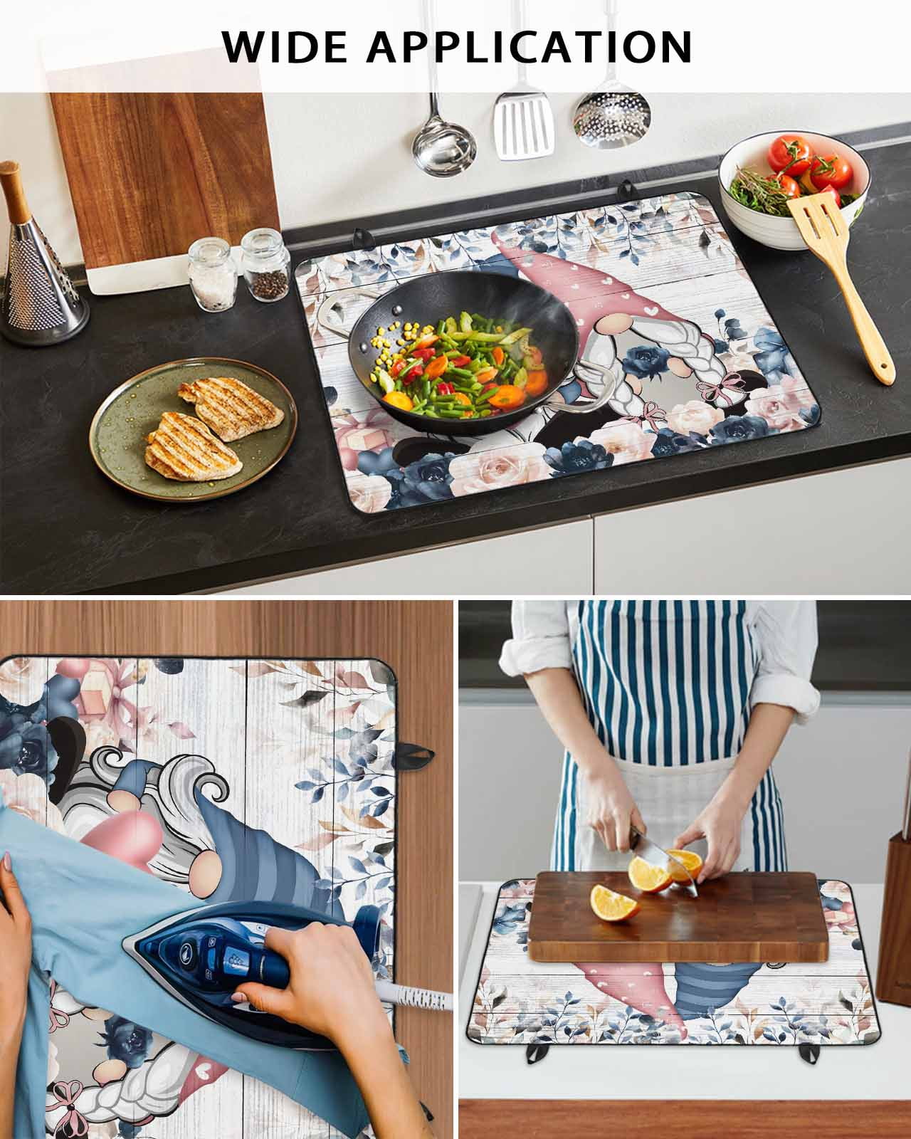 Large Induction Cooktop Protector Mat Valentine's Day Stove Top Covers for Electric Stove, Gnomes Pink Blue Roses Wooden Grain Decorative Stove Burner Cover Mats, Glass Top Stove Cover