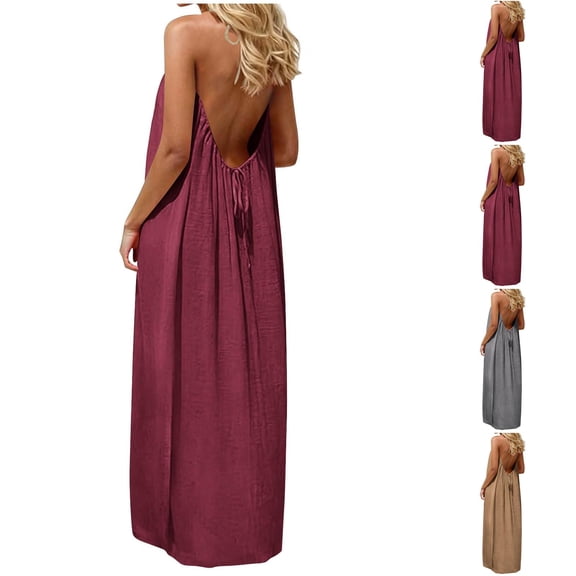 Laqbezok Women's Sleeveless Backless Maxi Dress, Casual Halter Neck Loose Long Gown, Sexy Open Back Side Slit Summer Vacation Dress