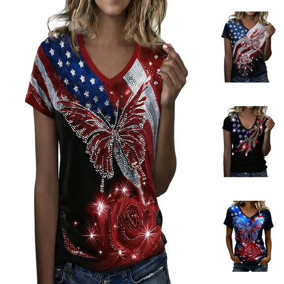 LRen Women's American 250th Anniversary V Neck Sparkling Print T-Shirt Women Patriotic Flag Rose Printed Tops American 1776-2026 250th Birthday Trendy Streetwear Tops
