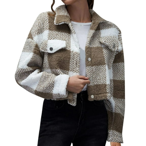 Jacenvly Womens Flannel Jacket Plaid Fleece Jacket Soft Comfortable Long Sleeve Spring Coats Lapels Pocket Button up Shirts for Women Casual Fashion Short Tops