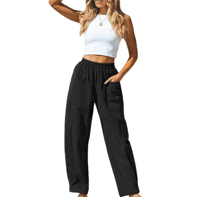 Pantalones de Verano para Mujer, para Vacaciones en la Playa, Cintura Alta, Pierna , Estampados, Holgados, Informales, Estilo Palazzo. Negro L