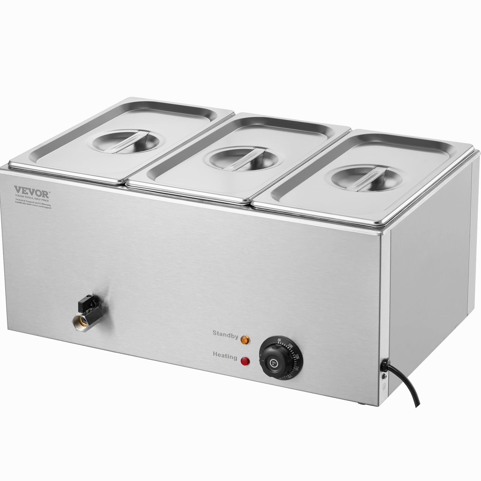 VEVOR 3-Pan Commercial Food Warmer, 17.4QT Electric Steam Table, 1200W Professional Countertop Stainless Steel Buffet Bain Marie with 86-185°F Temp Control for Catering and Restaurants, Silver