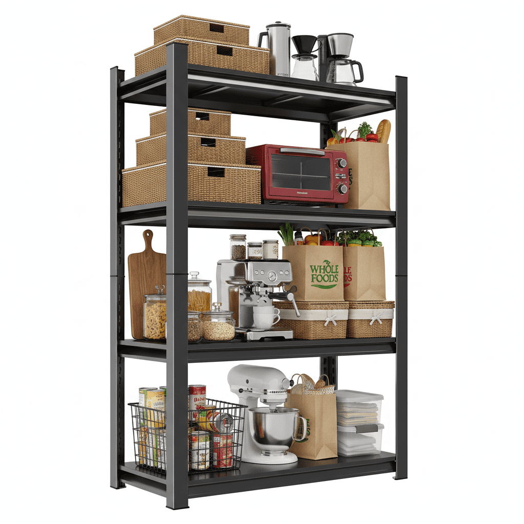 63" Tall Metal Storage Shelf, 1200 LBS Weight Capacity, 4-Tier Adjustable Height Storage Rack, Black