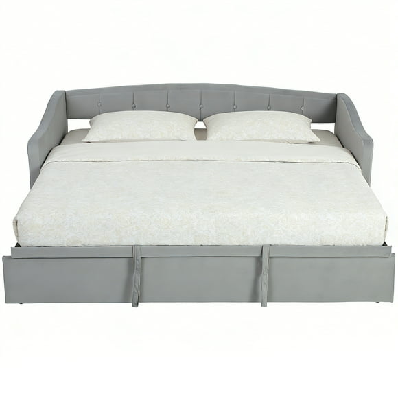HOMCOM Twin Daybed, Upholstered Trundle Bed with 2 Pockets, Light Grey