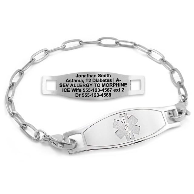 MedicEngraved Bracelet d'Alerte Médicale Personnalisé en Acier Inoxydable - Maillon Trombone 4 mm