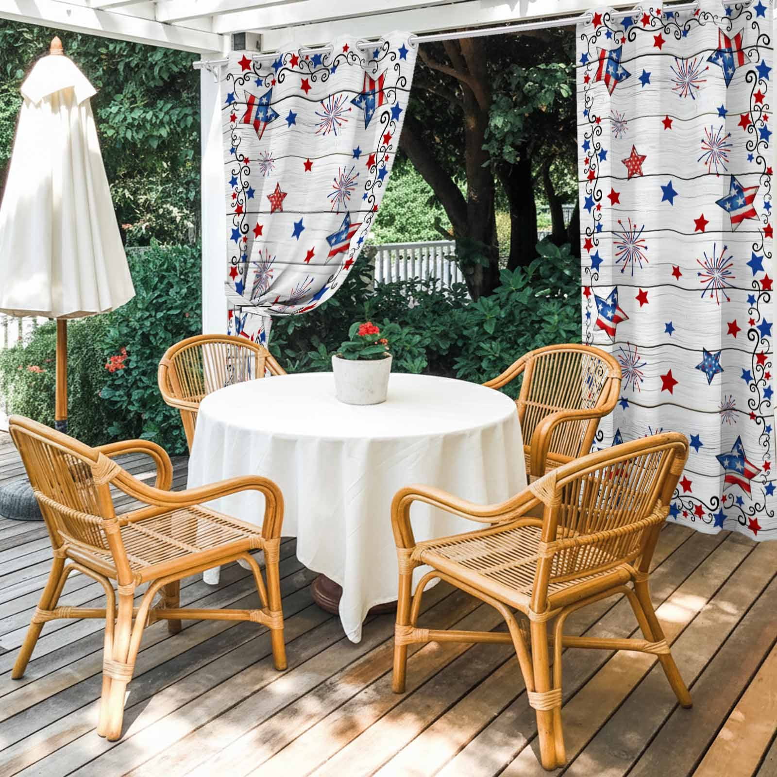Vintage Star Outdoor Curtains for Patio, Flag Red Blue Star Fireworks Independence Day Wood Sunshade Privacy Drapes Grommet Waterproof Outside Curtains for Porch/Cabana/Balcony 54"x 108", 1 Panel
