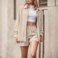 thumbnail image 2 of JIAYUE Women 2 Piece Outfits Sets Long Sleeve Casual Lapel Spring Summer Fall Everyday Wear Button Down Shirt With Comfortable Shorts Loungewear Female Breathable Clothing Set, 2 of 9