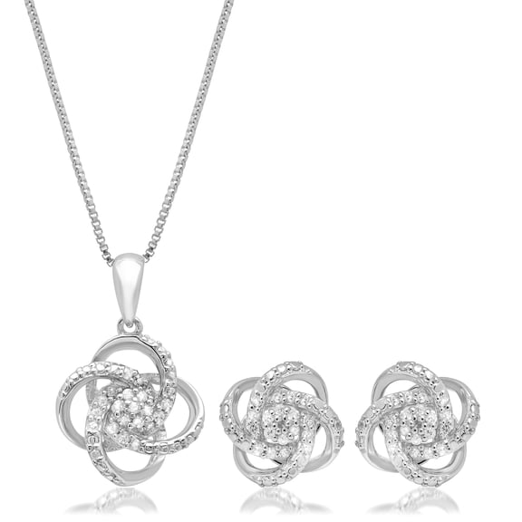 1/4 Carat Natural Diamond Love Knot Stud Earrings and Pendant Necklace for Women in 925 Sterling Silver (I2-I3, 0.25 cttw) Diamond Jewelry Set by MAX STONE