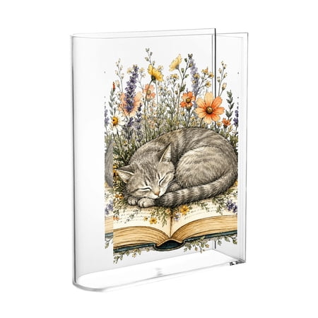 BCIIG Sleeping Gray Cat Open Book Lavender Wildflower Watercolor Print Book Vase for Flowers Home Décor Clear Printed Design Book Shaped Flower Vase Modern Decorative Vase for Bookshelf