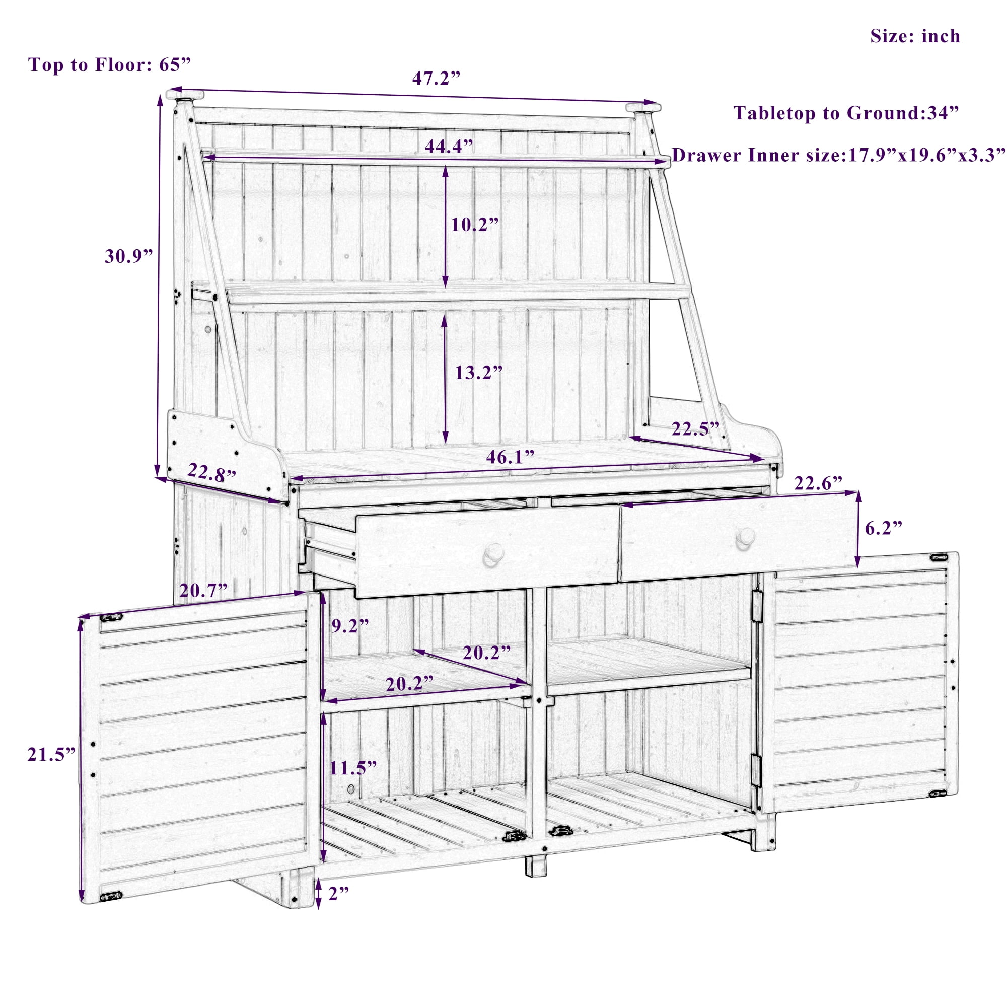 MAYEERTY 65" Garden Potting Bench Table – Rustic Fir Wood Workstation with Storage Shelf, Drawers, and Cabinet