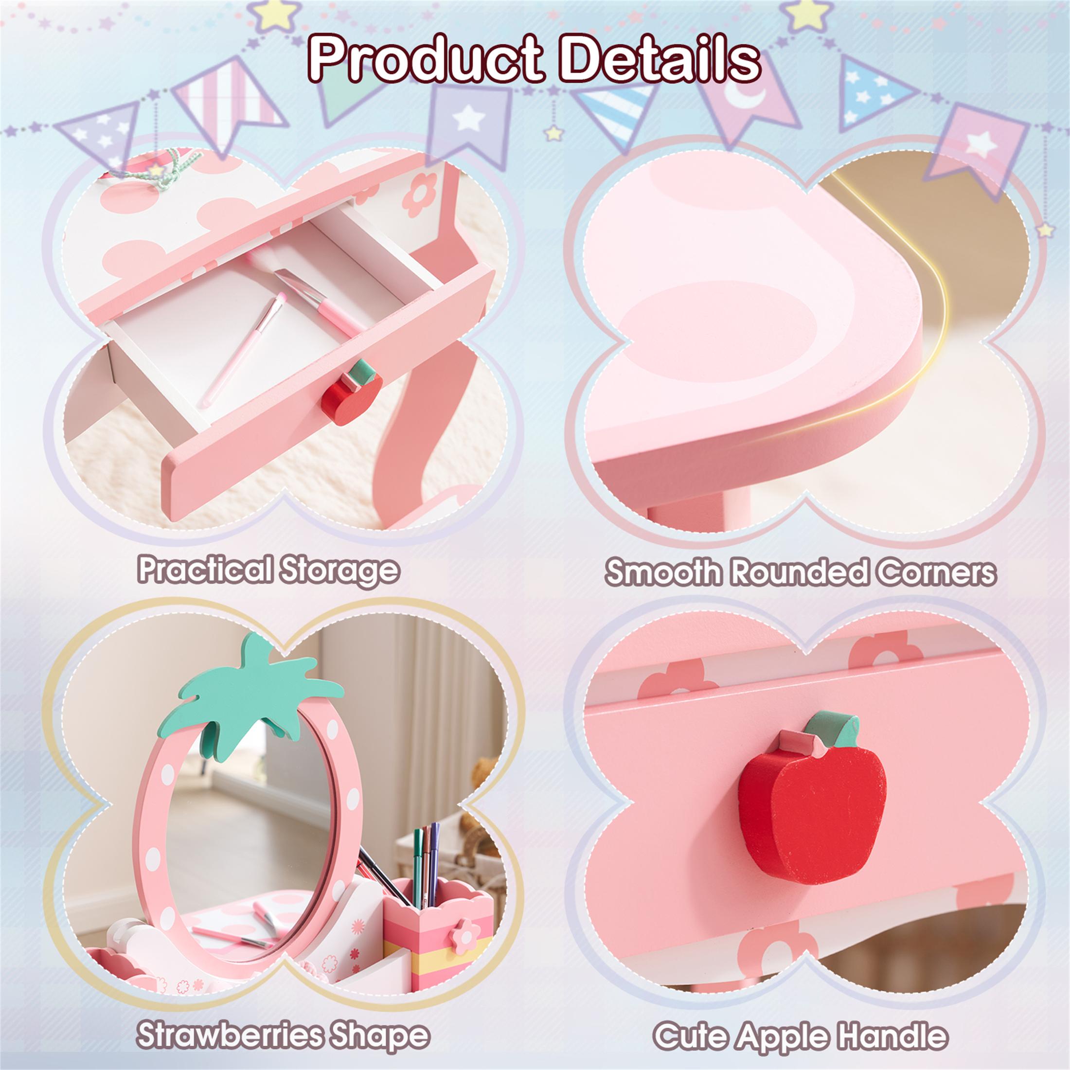SESSLIFE Kids Vanity Set with Mirror and Drawers, Wooden Princess Makeup Desk Set, Toddler Dressing Table Set, Pretend Play Kids Vanity Table and Chair Set for Little Girls aged 3+, Pink