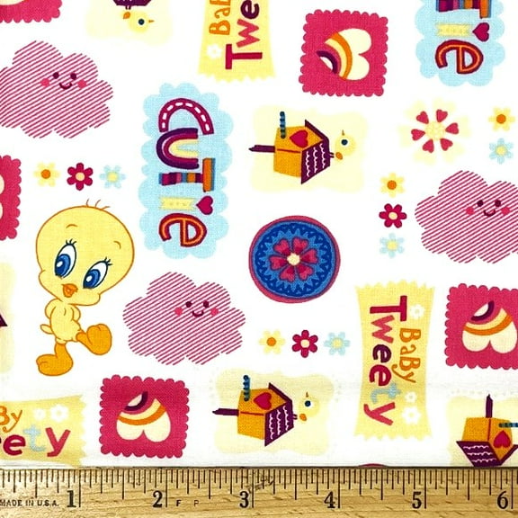 1/2 Yard - Baby Tweety Bird Looney Tunes on White Cotton Fabric (Great for Quilting, Sewing, Craft Projects, Throw Pillows & More) 1/2 Yard X 44" Wide