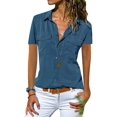 thumbnail image 2 of JustVH Women Short Sleeve Lapel Shirts V Neck Button Down Blouse Tops, 2 of 3