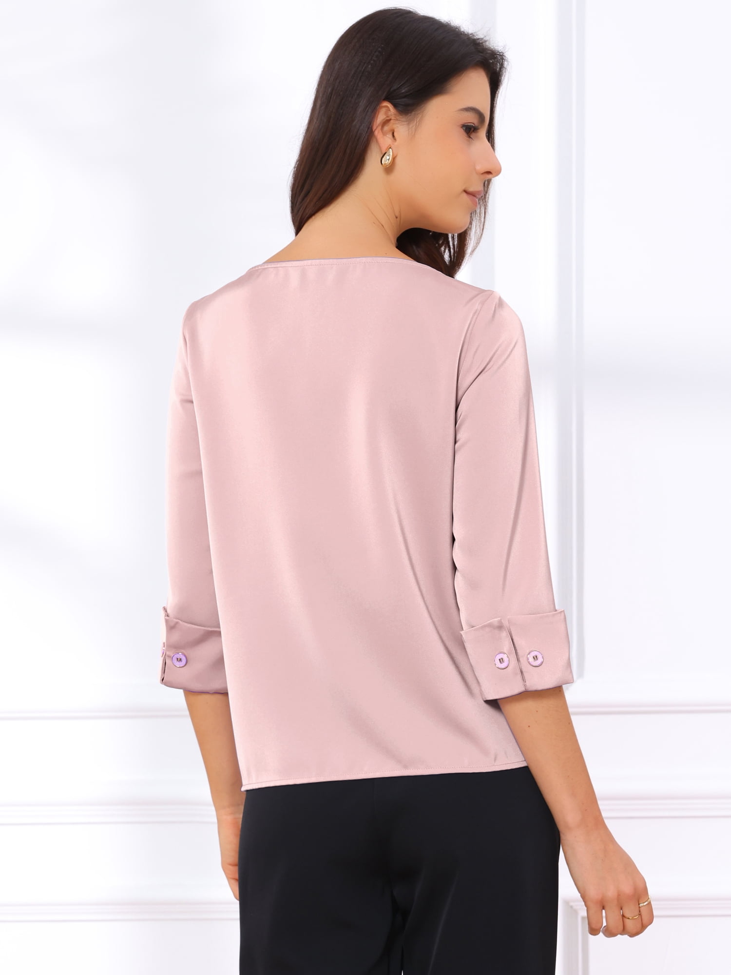 DARING DIVA Women's Satin Boat Neck 3/4 Sleeve Business Shirt XS Dusty Pink