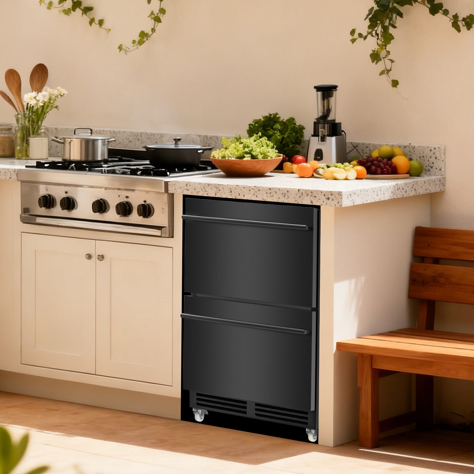 TITTLA 24 inch Under Counter Dual Drawer Beverage Refrigerator Fridge with Wheels,Freestanding for Patio, Stainless Steel Weather-Proof, Ideal for Home and Commercial Use