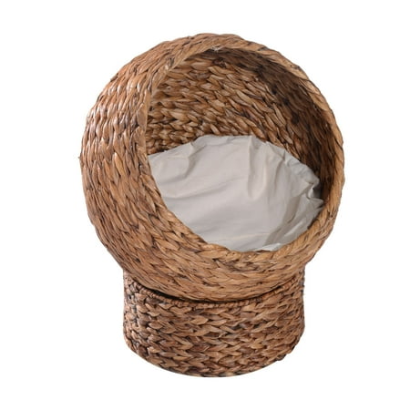 UPC: 0842525173636 | PawHut Cat Braided Banana Leaf House Enclosure Designed for Indoors and Includes Super Soft Cotton Bed 23.5 H Brown