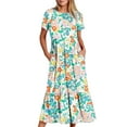 thumbnail image 2 of Penkiiy Women's Summer Casual Short Sleeve Crewneck Floral Print Dress Casual Flowy Tiered Maxi Beach Dress With Pockets S Mint Green, 2 of 5